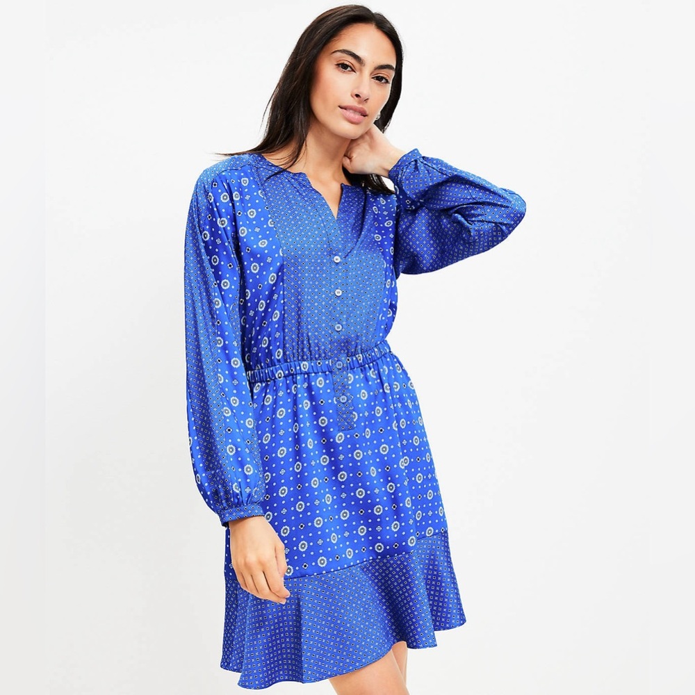 LOFT Mixed Geo Flounce Mini Shirtdress
